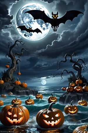 On a moonlit Halloween night, eerie alien beings traverse an ocean of floating pumpkins, while bats circle in the stormy skies above. This scene is captured in a mesmerizing painting, where the aliens are depicted in intricate detail, their elongated limbs, shimmering bodies, and otherworldly features captivate the viewer. The artist has expertly captured the eerie atmosphere of the night, creating a truly haunting and visually stunning image.