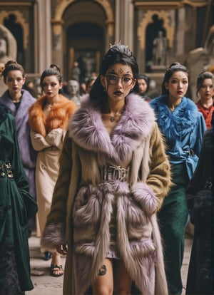 Brings fashion show, possible Dior house, podium in nature, many statues and columns, long dresses fur coats to the floor, short sexy skirt, colors lilac, green, blue, orange, black, red, the model has hair long and glasses, creative hairstyle, clean face, large and hyper detailed eyes, small nose, full lips
