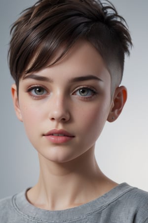 portrait of a teen girl, 18 years old, shy, introvert, short brunette hair ,((High Top Fade: 1.95)), light background, loose outfit, high resolution, photorealistic, photo, realism, sharp photography, a photograph of, maximum detail, sharp focus, intricate details, ultra - realistic, cinematic lighting, volumetric lighting, photography, beautiful details, cinematic lighting, render, 8k, Portra 800 medium format film, 105mm SMC Takumar, 3200 dpi scan, mist, octane render, unreal engine, 8k, photorealistic, digital, detailed, extra fine details, award photo quality, photorealism, 8k, uhd, unreal engine, octane, highly realistic resolution uhd 8k octane,