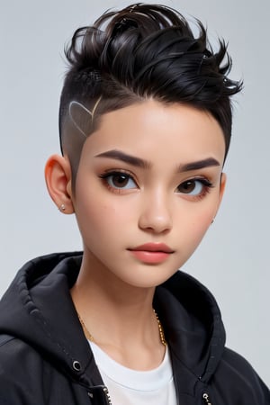 20 year old female,  black-hair,  (High Top Fade: 1.3),  dark theme,  subdued tones,  calm tones,  high contrast,  (natural skin texture,  hyper realism,  soft light,  sharp), ,3D,ichika