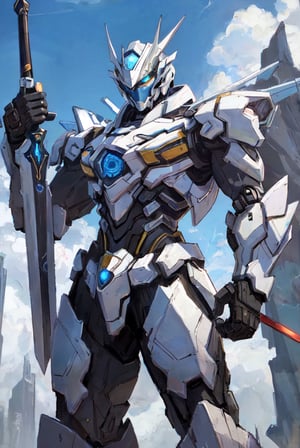 ((best quality)), ((masterpiece)), (detailed), mecha, robot, no_humans, weapon, holding, sword, solo, wings, holding_weapon, mechanical_wings, beam_saber, v-fin, holding_sword, dual_wielding, science_fiction, grey_background, energy_sword, glowing, holding the sword, Reflection Mapping, Realistic Figure, Hyper Detailed, Cinematic Lighting Photography, hdr, ray tracing, nvidia rtx, super-resolution, unreal 5, subsurface scattering, pbr texturing, post-processing, anisotropic filtering, depth of field, maximum clarity and sharpness, hyper realism,leonardo,urban techwear,FUTURISTIC,机甲,CYBERPUNK,zzmckzz,MECHA GIRL,mecha dragon