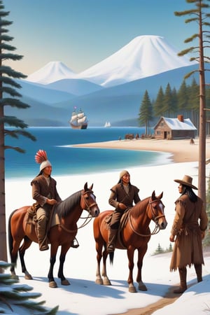 the pilgrims arriving in America, North American Indians welcoming them with food, English ships, colonial type in the background. blue sea. land full of pine trees and mountains,
view of the beach from behind the natives of North America, a turkey on a horse, in winter