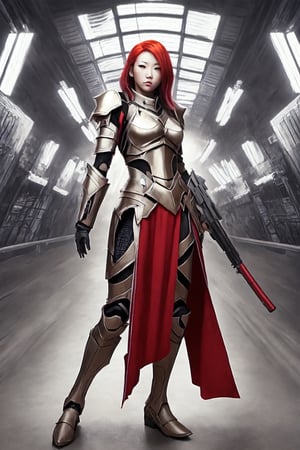 WOMAN, CHINESE WOMAN, FUTURISTIC ARMOR, GUN IN HAND, RED HAIR, LIGHT EYES. 43 YEARS OLD, RED ARMOR, TAN SKIN COLOR