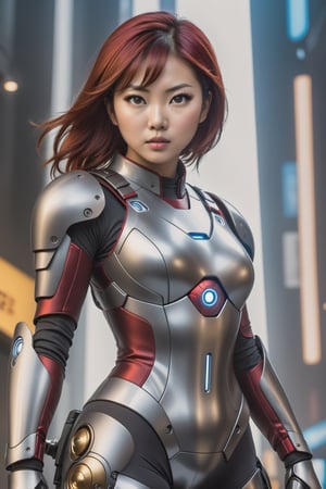 face of a 37 year old Asian woman,(Asian woman:1.5), Chinese eyes the color of honey chocolates,chocolate eye color, ((Red hair:1.5),normal_breasts, dimples on her cheeks,angry face, small Asian eyes, looking forward, light chocolate color, (LATINA BODY, WIDE HIPS:1.3), futuristic armor on small chests, equipment strap on the waist, gun on the hip, (bodysuit :1.2), (machanical armor gloves:1.3),female cyborg.diverse cybersuits, (mechanical armor leggins:1.2), mechanical, electricity, elaborate detail,armor in cyberpunk style, futuristic robot body, female cyborg.diverse cybersuits battle field, Full shot, low angle camera, Fantasy Color matching. entire plans, Full shot