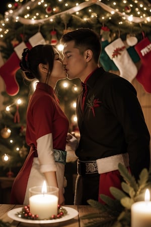 Jingle bells, jingle bells, jingle all the way! Merry Merry Christmas,
beso de pareja bajo el muerdago, hombre latino y mujer asiatica, arbol de navidad en el fondo
,yoimiyadef