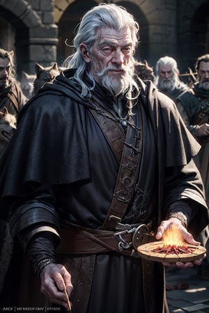 Ian McKellen, Gandalf using magic fire against a pack of wolves. Depth of field,High Light,real light,ray traced,OC Renderer,UE5 Renderer,Hyper-realistic,best-Quality, 8K,works of masters, correct anatomy, Game of Thrones, Renaissance Fantasy, more detail XL, More Detail, Lord of the Rings hobbit holes, --ar 9:16,More Detail