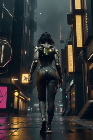 Closeup shot of a woman walking down a sidewalk while it's raining in a futuristic dystopian city, looking at viewer, luxtech, Cyberpunk 2077, dystopia, future, neon lights, 4k, realism