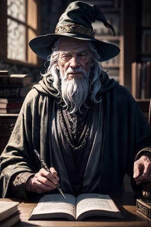 Ian McKellen, Gandalf took on the form of an old man with a long grey beard and a pointy hat. He was known for his wisdom, courage, and compassion. He was a skilled magician and a powerful warrior. Sitting at a desk reading an old tome full of ancient knowledge. Depth of field,High Light,real light,ray traced,OC Renderer,UE5 Renderer,Hyper-realistic,best-Quality, 8K,works of masters, correct anatomy, Game of Thrones, Renaissance Fantasy, more detail XL, More Detail, Lord of the Rings hobbit holes, --ar 9:16,More Detail