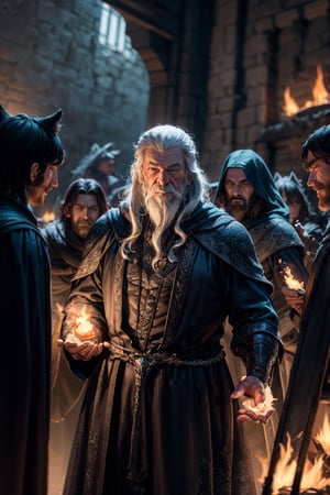 Ian McKellen, Gandalf using magic fire against a pack of wolves. Depth of field,High Light,real light,ray traced,OC Renderer,UE5 Renderer,Hyper-realistic,best-Quality, 8K,works of masters, correct anatomy, Game of Thrones, Renaissance Fantasy, more detail XL, More Detail, Lord of the Rings hobbit holes, --ar 9:16,More Detail