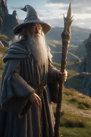 Ian McKellen,A wise and weathered Gandalf the Grey was sent to Middle-earth to help its inhabitants resist Sauron's growing power, holding a long staff and wearing a pointy weathered hat staring out at the Shire, Depth of field,High Light,real light,ray traced,OC Renderer,UE5 Renderer,Hyper-realistic,best-Quality, 8K,works of masters, correct anatomy, Game of Thrones, Renaissance Fantasy, more detail XL, More Detail, --ar 9:16,More Detail,Movie Still,Renaissance Sci-Fi Fantasy