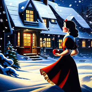 Snow White outside her house with large snowflakes falling from the sky, disney, realism, hyperrealism, photorealism, 4k
