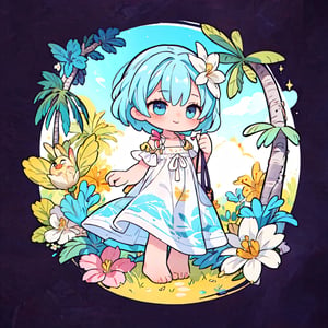 Circle,stickers,(masterpiece, top quality, best quality, official art, beautiful and aesthetic:1.2), (1girl:1.3), SharpEyess, smile,music,flower,colorful,(close up),light_blue_hair,ocean tropical island style,dress,Simple,Women Surplice Tropical 
Maxi Cami Summer Dress
