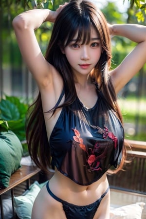 (((Dudou))),1 girl , solo, long hair, breasts, brown hair, underwear, panties, armpits, arm up, lips, see-through, pillow, realistic,Dudou