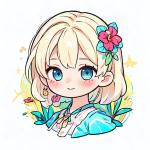 Circle,stickers,(masterpiece, top quality, best quality, official art, beautiful and aesthetic:1.2), (1girl:1.3), SharpEyess, smile,music,flower,colorful,face portrait, face close up,light_blonde_hair,ocean tropical island style,dress,Simple,Women Surplice Tropical 
Maxi Cami Summer Dress
