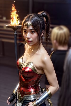 (masterpiece,best quality,ultra-detailed,8K,intricate, realistic),girl in battle with monster,swinging her sword,fire elemental magic,flame  background,black ponytail,upper body,cinematic lighting,wonder_woman,kwon-nara,Peggy