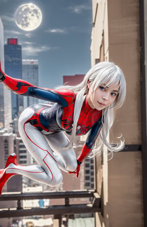 (Masterpiece, 4k resolution, ultra-realistic, very detailed), (White superhero theme, charismatic, there's a girl on top of town, wearing Spider-Man costume, she's a superhero), ((25 years), (long white hair:1.2), full body, (blue eyes:1.2), ((Spider-Man pose),show of strength, jumping from one building to another), ((sandy urban environment):0.8), (cityscape, at night, dynamic lights:1), (full moon)), Peggy, # Explanation: The Prompt mainly describes a 4K painting of ultra-high definition, very realistic, very detailed. It shows a superheroine at the top of the city, wearing a Spider-Man costume. The theme in the painting is a white superhero theme, the female protagonist has long white hair, is 25 years old and her entire body is shown in the painting. In terms of portraying the actions of superheroines, spiders are employed,spider suit,Peggy