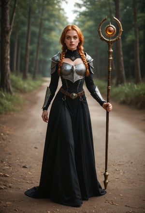 score_9_up, score_8_up, score_7_up, realistic, rating_safe, full body shot of a confident red-haired female adventurer with (beautiful green eyes:1.3) and freckles in futuristic attire holding an arcane wizard staff walking through a (sinister forest). (blonde hair:0.9), warrior braids, duotone gradient hair. highly-detailed eyes, realistic eyes, mesmerizing iris colors, mesmerizing gaze, sparkling eyes, expressive eyes, highly-detailed face, realistic face, realistic skin, high tech gothic art style, dark and moody, intricate details, ornate patterns, medieval inspired, mysterious atmosphere, artistic and elegant. She wears a high collar black dress and a plain faded cloak, armored dress, travel dress, slit dress, pants, futuristic plate armor, hyperadvanced brigandine exosuit, chest plate, shoulder armor, silver belt, armored boots, gloves. she holds a (((long arcane wizard staff))), cinematic, dramatic, vivacious,
BREAK
backlighting, professional color grading with DaVinci Resolve, 8k, by artgerm, cinematography by Roger Deakins, directed by Akira Kurosawa