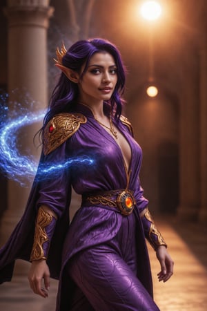 Cinematic photography. young woman, elf goddess, [Mai Shiranui|Hex Maniac:0.4] is an esoteric nexus-warder archwizard gunslinger lawyer, striding across a mystical magicore university, grinning savagely, with dark (multicolored hair). Her armored robes display arcane runes, with black, purple, gold and blue details adorning her voluminous pants and summer shirt.  The scene features epic radiant particle magic effects, and she is radiating visible waves of god-like power as radiant plasma shockwaves burst away from her. Arms forward, fingers gripping a stormfrost plasma cloud. Pristine marble university, arcane forum. Cinematic film still from Gravity 2014, Shot by ARRIFLEX 35BL Camera, Canon K35 Prime Lenses, Soft glow illumination, Soft Lighting Photography, professional photography, backlit. amazing depth, surreal, intricately detailed, bokeh, perfect balanced, artistic photorealism , smooth, great masterwork