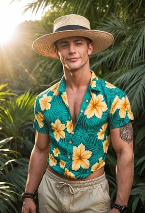 score_9_up, score_8_up, score_7_up, cinematic photo, dramatic lighting, dynamic pose, a handdsome 40yo brazilian-japanese wizard with a summer hat, hawaiian shirt and roman sandals, smirking, posing in front of a busy fruit stand at the beach. he has pale skin, red hair with blonde and black streaks, and beautiful mesmerizing upturned eyes. he holds a glowing potion in his hand as the sun rises over the understated wealth of a private estate and burns away the morning mist, god rays shine through the mist. He is slim but muscular with narrow hips and broad shoulders, with pagan syndicate tattoos all over his body. dynamic body position, exuding confidence with a thrust-forward chest, (predatory smile:0.5). 

Hishighly-detailed, realistic eyes sparkle with mesmerizing iris colors, drawing the viewer's gaze to his beautiful eyes. The dynamic interplay of the sun and mist adds to the vivid, comic art style-inspired aesthetic, highly-detailed eyes, expressive eyes.

his small head, thick neck, narrow torso, large thigh gap, and wide hips create a striking visual contrast to his colorful pagan tattoos. his breasts, apart yet covered by his ((blouse)), seem to invite attention. A seductive smile plays on his lips as she strikes a pose, his sassy expression radiating an air of vivaciousness.

More Reasonable Details, aesthetic erotic photography, vivacious. 
BREAK
professional color grading, 8k, by artgerm,