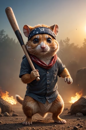A battle hamster wielding a baseball bat. He has one eye and a bandana eye patch. The morning sunrise highlights him with impeccable (cinematic backlighting) as it burns away the morning mist. perfectly drawn hands, cinematic scene, dramatic lighting, hyperdetailed photography, soft light, full body portrait, cover. shot on Blackmagic Pocket Cinema Camera 6K Pro and a Sigma Cine Prime 35mm f/1.4 lens (f/4.0, moderate ISO)