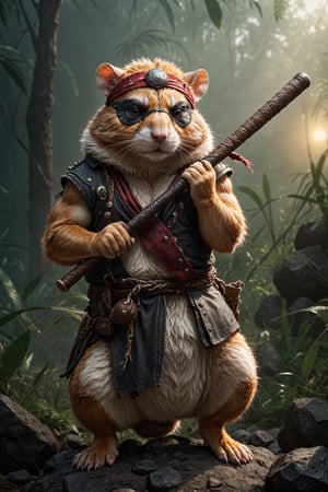 a (muscular:0.5) furry (martial arts master:0.7) battle (hamster:1.2) mafioso (monk:0.5) holding a crude club studded with dark rocks. He has one eye and a bandana (eye patch:1.3). His fur is blackened, but he wields the baseball bat with fierce determination. The morning sunrise highlights him with impeccable (cinematic backlighting) as it burns away the morning mist of the jungle. perfectly drawn hands, cinematic scene, dramatic lighting, hyperdetailed photography, soft light, full body portrait, cover. shot on Blackmagic Pocket Cinema Camera 6K Pro and a Sigma Cine Prime 35mm f/1.4 lens (f/4.0, moderate ISO)