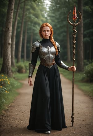 score_9_up, score_8_up, score_7_up, realistic, rating_safe, full body shot of a confident red-haired female adventurer with (beautiful green eyes) and freckles in futuristic attire holding an arcane wizard staff walking through a (sinister forest). (blonde hair:0.9), warrior braids, duotone gradient hair. highly-detailed eyes, realistic eyes, highly-detailed face, realistic face, realistic skin, high tech gothic art style, dark and moody, intricate details, ornate patterns, medieval inspired, mysterious atmosphere, artistic and elegant. She wears a high collar black dress and a plain faded cloak, armored dress, travel dress, slit dress, pants, futuristic plate armor, hyperadvanced brigandine exosuit, chest plate, shoulder armor, silver belt, armored boots, gloves. she holds a (((long arcane wizard staff))), cinematic, dramatic, vivacious,
BREAK
backlighting, professional color grading with DaVinci Resolve, 8k, by artgerm, cinematography by Roger Deakins, directed by Akira Kurosawa