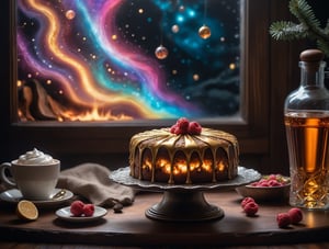 (foodtography, epic dynamic 16k photo of a delicious glowing cake, a glowing radiant cosmic plasma aurora galaxy berry_filling cake with fantastic icing and internal gel lighting:1.3), cinematic still shot, extraordinary detail, BREAK the cake rests on an silver tray embossed with golden arcane symbols, on top of an (antique dark hardwood coffee table with gorgeous wood grain:1.22), in a cozy living room, christmas theme, christmas tree, warm fireplace, cozy atmosphere, radiant cosmic plasma aurora nebula galaxy swirling around outside the (arched windows:1.33), mystical futuristic sci-fi spaceship living room, BREAK an open arcane crystal [bottle|volumetric potion flask] of brandy sits beside the cake, aw0k magnstyle, dramatic lighting, 3 point lighting, flash with softbox, cinematic colors, Leica SL-2 200mm f/2.8, realism, photo, hyperrealistic, film grain, Neutral-Density-Filter, deep Focus, rule of thirds, chiaroscuro, golden ratio, intricate detail, flawless clarity, cinema quality, RAW image
