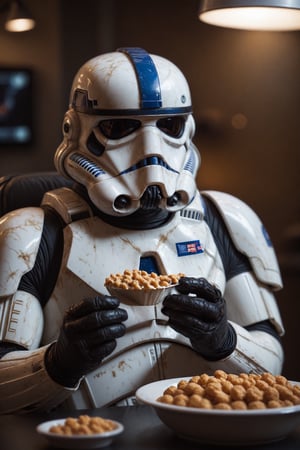Cinematic photography. man, Jon Stewart is an elite Stormtrooper wizard, and he is eating a snack. Cinematic film still from Gravity 2014, Shot by ARRIFLEX 35BL Camera, Canon K35 Prime Lenses, Soft glow illumination, Soft Lighting Photography, professional photography, backlit. amazing depth, surreal, intricately detailed, bokeh, perfect balanced, artistic photorealism , smooth, great masterwork