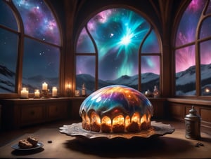(foodtography, a delicious glowing cake, a glowing radiant cosmic plasma aurora galaxy cake with fantastic icing:1.3), cinematic still shot, the cake rests on an arcane tray on top of an (antique coffee table:1.22) in a cozy mystical living room, internal gel lighting inside cake, fully frosted mystical berry cake, christmas theme, christmas tree, warm fireplace, cozy atmosphere, radiant cosmic plasma aurora nebula galaxy swirling around outside the (arched windows:1.33), futuristic sci-fi spaceship living room, a bottle of Henri IV Dudognon Heritage Cognac Grande Champagne brandy in an arcane crystal [bottle|volumetric potion flask], aw0k magnstyle, dramatic lighting, 3 point lighting, flash with softbox, cinematic colors, Leica SL-2 120mm f/2.8, realism, photo, hyperrealistic, film grain, Neutral-Density-Filter, deep Focus, cinema quality, RAW image