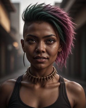 detailed cinematic photo of a beautiful Japanese-Persian-Brazilian wizardpunk magicore woman with dark skin, bright pink_eyes, and undercut faux-hawk green_hair. She is extremely muscular with a (thick muscular neck:1.3). She has symmetrical features and a smug vampiric smile. The golden magenta sunrise highlights her with impeccable (cinematic backlighting) as it burns away the morning mist. pupils, dilated pupils, bright clear eyes, remarkable detailed pupils, detailed face, detailed eyes, detailed nose, detailed lips, detailed teeth, skin fuzz, goosebumps, natural skin texture. cinematic scene, dramatic lighting, hyperdetailed photography, soft light, full body portrait, cover. shot on ARRIFLEX 35 BL Camera, Canon K75 Prime Lenses.