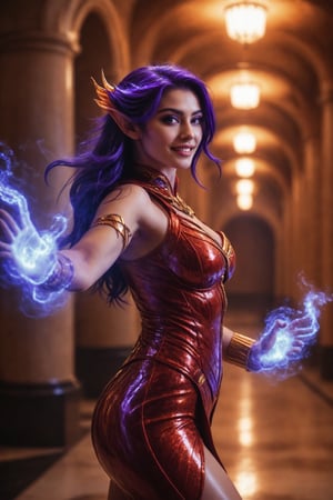 Cinematic photography. young woman, elf goddess, [Mai Shiranui|Hex Maniac:0.4] is an esoteric nexus-warder archwizard gunslinger lawyer, striding across a mystical magicore university, grinning savagely, with dark multicolored hair, epic radiant particle magic effects, arcane runes, black, purple, gold and blue details, radiating visible waves of god-like power, radiant plasma shockwaves. Arms forward, fingers gripping a stormfrost plasma cloud. Pristine marble university, arcane forum. Cinematic film still from Gravity 2014, Shot by ARRIFLEX 35BL Camera, Canon K35 Prime Lenses, Soft glow illumination, Soft Lighting Photography, professional photography, backlit. amazing depth, surreal, intricately detailed, bokeh, perfect balanced, artistic photorealism , smooth, great masterwork