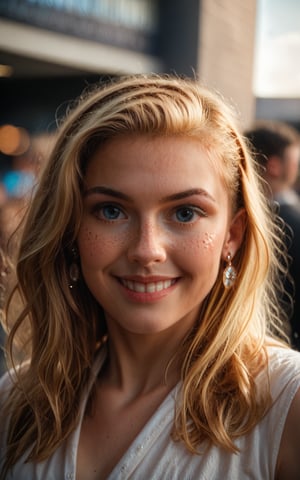 score_9,score_8_up,score_7_up,photorealistic, photography,woman,18yo,looking at viewer,blonde hair,brown hair,jewelry,earrings,grin,portrait,freckles,realistic,bokeh, Nikon D850 DSLR, 80mm prime lens, high key photography, cinematic scene, cinema quality, noon, brightly lit