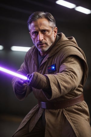 Cinematic photography. man, Jon Stewart is a Jedi Master, and he is brandishing his purple lightsaber in an epic fighting stance. Dynamic body position. Cinematic film still from Gravity 2014, Shot by ARRIFLEX 35BL Camera, Canon K35 Prime Lenses, Soft glow illumination, Soft Lighting Photography, professional photography, backlit. amazing depth, surreal, intricately detailed, bokeh, perfect balanced, artistic photorealism , smooth, great masterwork