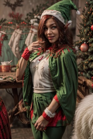 in the style of christmas, a gorgeous 30 y.o (elf:1.2) with a very pretty face and (elf ears:0.5) wearing (ChristmasElf:1.2) clothes, wrapping presents under a majestic christmas tree, in a winter village, (snowing:1.33), (laughing in her silly santa hat:1.33), bright cheerful mood, wearing a (fluffy fur red santa hat:1.33), ((red skirt:1.1) with (white fur trim:1.1):1.5), (green_cape with fur trim:1.33), (facing the viewer:1.22), (holding a fancy christmas present:1.5), mistletoe,

(colorful gradient multicolored_hair:1.5), festive multicolored hair, perfecteyes eyes (green_eyes:1.33), curvy slim hourglass figure, wide hips,

detailed nose,detailed eyes,perfect,fingers,hand, long legs, strong legs, thick thighs, strong arms, (short hair:1.1), wavy hair, (shirt, pants, skirt, cloak:1.33), (gradient multicolored_hair:1.22), (glowing hair:1.22), candle light, (soft backlighting:1.44),

highly detailed, high budget Hollywood film, candid photo, (best quality, 4k, 8k, Canon RAW DSLR , highres, masterpiece:1.2), ultra-detailed, (realistic, photorealistic, photo-realistic:1.37), HDR, UHD, studio lighting, ultra-fine painting, sharp focus, physically-based rendering, extreme detail description, professional, vivid colors, joyful atmosphere, dramatic lighting, gritty texture, contrasting shadows, intricate background,