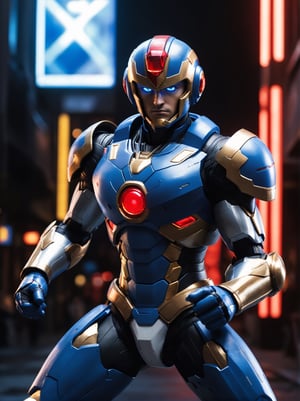 candid 16k photo of Mega Man X dashing in to save the day, his armor is blue and grey and white with red_lights plus black and gold details, dramatic lighting, cinematic colors, cinema quality, aw0k magnstyle