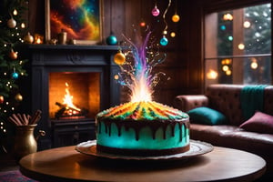 foodtography, multicolored steam rising from a radiant cosmic plasma swirling aurora nebula galaxy as a delicious (glowing cake:1.3) on an antique coffee table in a cozy mystical living room, cinematic still shot, internal gel lighting inside cake,dramatic lighting, 3 point lighting, flash with softbox, cinematic colors,, Leica SL-2 120mm f/2.8, realism, photo, hyperrealistic, film grain, Neutral-Density-Filter, deep Focus, cinema quality, RAW image, christmas theme, christmas tree, warm fireplace, cozy atmosphere
,aw0k magnstyle