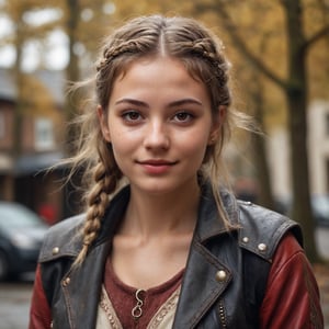 candid 8k photo of 23 y.o Tala in ivory and leather medieval travel clothes, (squarely facing the camera:1.3), cinematic still shot, (smile:1.2), cozy, medium upper body shot, Provocative, (sweat), (wet body), (leather jacket:1.1), log hair, single thick braid, upturned eyes, narrow protruding chin, depth of field, (gorgeous:1.2), mystical grove, detailed face, detailed eyes, soothing tones, muted colors, high contrast, (natural skin texture, hyperrealism, soft light, sharp), (freckles:0.4), (acne:0.1), intricate golden arcane tattoos, (messy hair:0.1), perfecteyes, bright and clear (red_eyes:1.22), central heterochromia, expressive eyes, remarkable detailed pupils, perfect eyes, dramatic lighting, 3 point lighting, flash with softbox, cinematic colors; hyper-above, Leica SL-2 45mm f/2.8,  realism, photo, realistic skin, film grain, 16k, Neutral-Density-Filter, deep Focus, cinema quality, RAW image, hyperdetailed iris,aw0k magnstyle