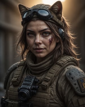 detailed cinematic photo of a spec-ops ((navy SEAL)) catgirl. She wears full (modern infantry) camo gear with kevlar shoulder armor. She has symmetrical features and a smug vampiric smile. The golden magenta sunrise highlights her with impeccable (cinematic backlighting) as it burns away the morning mist. pupils, dilated pupils, bright clear eyes, remarkable detailed pupils, detailed face, detailed eyes, detailed nose, detailed lips, detailed teeth, skin fuzz, goosebumps, natural skin texture. cinematic scene, dramatic lighting, hyperdetailed photography, soft light, full body portrait, cover. shot on ARRIFLEX 35 BL Camera, Canon K75 Prime Lenses.
