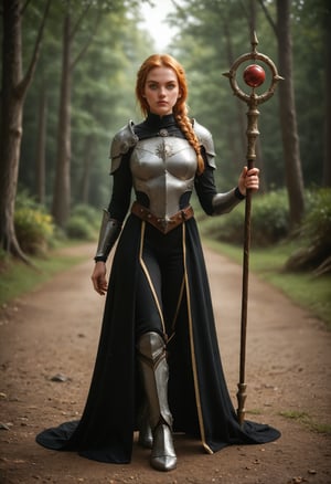 score_9_up, score_8_up, score_7_up, realistic, rating_safe, full body shot of a confident red-haired female adventurer with (beautiful green eyes) and freckles in futuristic attire holding an arcane wizard staff walking through a (sinister forest). (blonde hair:0.9), warrior braids, duotone gradient hair. highly-detailed eyes, realistic eyes, highly-detailed face, realistic face, realistic skin, high tech gothic art style, dark and moody, intricate details, ornate patterns, medieval inspired, mysterious atmosphere, artistic and elegant. She wears a high collar black dress and a plain faded cloak, armored dress, travel dress, slit dress, pants, futuristic plate armor, hyperadvanced brigandine exosuit, chest plate, shoulder armor, silver belt, armored boots, gloves. she holds a (((long arcane wizard staff))), cinematic, dramatic, vivacious,
BREAK
backlighting, professional color grading with DaVinci Resolve, 8k, by artgerm, cinematography by Roger Deakins, directed by Akira Kurosawa,aw0k magnstyle