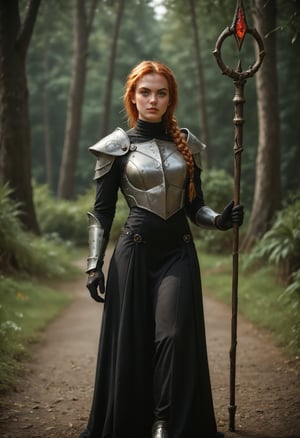 score_9_up, score_8_up, score_7_up, realistic, rating_safe, full body shot of a confident red-haired female adventurer with (beautiful green eyes) and freckles in futuristic attire holding an arcane wizard staff walking through a (sinister forest). (blonde hair:0.9), warrior braids, duotone gradient hair. highly-detailed eyes, realistic eyes, highly-detailed face, realistic face, realistic skin, high tech gothic art style, dark and moody, intricate details, ornate patterns, medieval inspired, mysterious atmosphere, artistic and elegant. She wears a high collar black dress and a plain faded cloak, armored dress, travel dress, slit dress, pants, futuristic plate armor, hyperadvanced brigandine exosuit, chest plate, shoulder armor, silver belt, armored boots, gloves. she holds a (((long arcane wizard staff))), cinematic, dramatic, vivacious,
BREAK
backlighting, professional color grading with DaVinci Resolve, 8k, by artgerm, cinematography by Roger Deakins, directed by Akira Kurosawa