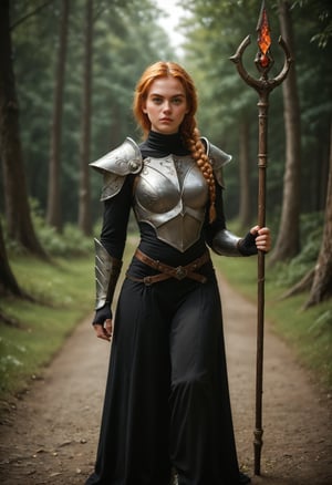 score_9_up, score_8_up, score_7_up, realistic, rating_safe, full body shot of a confident red-haired female adventurer with (beautiful green eyes) and freckles in futuristic attire holding an arcane wizard staff walking through a (sinister forest). (blonde hair:0.9), warrior braids, duotone gradient hair. highly-detailed eyes, realistic eyes, highly-detailed face, realistic face, realistic skin, high tech gothic art style, dark and moody, intricate details, ornate patterns, medieval inspired, mysterious atmosphere, artistic and elegant. She wears a high collar black dress and a plain faded cloak, armored dress, travel dress, slit dress, pants, futuristic plate armor, hyperadvanced brigandine exosuit, chest plate, shoulder armor, silver belt, armored boots, gloves. she holds a (((long arcane wizard staff))), cinematic, dramatic, vivacious,
BREAK
backlighting, professional color grading with DaVinci Resolve, 8k, by artgerm, cinematography by Roger Deakins, directed by Akira Kurosawa,aw0k magnstyle