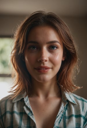 score_9,score_8_up,score_7_up,source_photo,photorealistic,photography,realistic,cinematography,BREAK, upper body, close up, cute woman, beautiful, 20 years old, dreamy, green eyes, freckles, soft smile, perfect teeth, shoulder length ginger hair, haair to one side, living room, white thigh-high socks, open ((flannel shirt)), open shirt, beautiful legs, black choker, (Kasturi). BREAK, Expressiveh, backlighting,Dynamic motion, wide-angle shot,bokeh,shot on Sony A7R IV, Sony Zeiss Distagon FE 35mm F1.4 prime lens,  Neutral-Density-Filter, flawless clarity, unsplash, raw_photo, extremely realistic, 8k, brightly lit