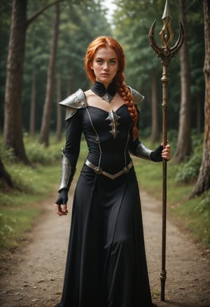 score_9_up, score_8_up, score_7_up, realistic, rating_safe, full body shot of a confident red-haired female adventurer with (beautiful green eyes:1.3) and freckles in futuristic attire holding an arcane wizard staff walking through a (sinister forest). (blonde hair:0.9), warrior braids, duotone gradient hair. highly-detailed eyes, realistic eyes, mesmerizing iris colors, mesmerizing gaze, sparkling eyes, expressive eyes, highly-detailed face, realistic face, realistic skin, high tech gothic art style, dark and moody, intricate details, ornate patterns, medieval inspired, mysterious atmosphere, artistic and elegant. She wears a high collar black dress and a plain faded cloak, armored dress, travel dress, slit dress, pants, futuristic plate armor, hyperadvanced brigandine exosuit, chest plate, shoulder armor, silver belt, armored boots, gloves. she holds a (((long arcane wizard staff))), cinematic, dramatic, vivacious,
BREAK
backlighting, professional color grading with DaVinci Resolve, 8k, by artgerm, cinematography by Roger Deakins, directed by Akira Kurosawa