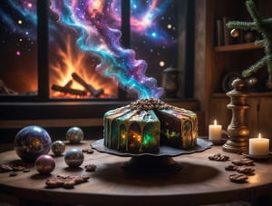 (foodtography, glowing cosmic nebula galaxy cake with arcane icing:1.3), cinematic still shot, a radiant cosmic plasma aurora nebula galaxy swirling around inside a [(delicious glowing cake:1.3)|arcane volumetric potion flask] on an antique coffee table in a cozy mystical living room, internal gel lighting inside cake, fully frosted nebula berry cake, dramatic lighting, 3 point lighting, flash with softbox, cinematic colors, Leica SL-2 120mm f/2.8, realism, photo, hyperrealistic, film grain, Neutral-Density-Filter, deep Focus, cinema quality, RAW image, christmas theme, christmas tree, warm fireplace, cozy atmosphere,aw0k magnstyle