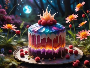 (papercut style anime painting of a delicious glowing cake, a glowing radiant cosmic plasma aurora galaxy berry cake with fantastic icing:1.3), plasma cake, aw0k magnstyle, 
(the cake rests on an arcane crystal tray:1.22), in a in a field of psychedelic flowers, christmas theme, majestic radiant Yggdrasil christmas trees, warm peaceful atmosphere,
