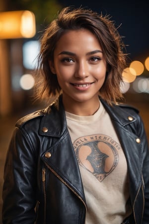 candid 8k photo of 23 y.o Tala in ivory and leather travel clothes, cinematic still shot, tan skin, (smile:1.2), cozy, medium upper body shot, Provocative, (sweat), (wet body), (leather jacket:1.1), depth of field, (gorgeous:1.2), mystical grove, detailed face, dark theme, Night, soothing tones, muted colors, high contrast, (natural skin texture, hyperrealism, soft light, sharp), (freckles:0.4), (acne:0.1), intricate golden arcane tattoos, (messy hair:0.1), red_eyes, remarkable detailed pupils, dramatic lighting, 3 point lighting, flash with softbox, cinematic colors; hyper-above, Leica SL-2 45mm f/2.8,  realism, photo, realistic skin, film grain, 16k, Neutral-Density-Filter, deep Focus, cinema quality, RAW image, perfecteyes, perfect eyes, upturned eyes, hyperdetailed iris, wide angle, full body, big smile,