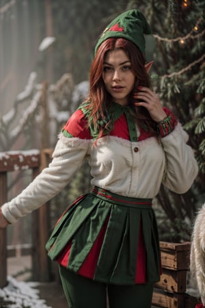 in the style of christmas, a gorgeous 30 y.o (elf:1.2) with a very pretty face and (elf ears:0.5) wearing (ChristmasElf:1.2) clothes, wrapping presents under a majestic christmas tree, in a winter village, (snowing:1.33), laughing in her silly santa hat, bright cheerful mood, wearing a red (fluffy fur santa hat:1.33), (red skirt with white fur trim:1.5), (green cape with fir trim:1.33), (facing the viewer:1.22), (holding a fancy christmas present:1.33),

(colorful gradient multicolored_hair:1.5), festive multicolored hair, perfecteyes eyes (green_eyes:1.33), curvy slim hourglass figure, wide hips,

detailed nose,detailed eyes,perfect,fingers,hand, long legs, strong legs, thick thighs, strong arms, (short hair:1.1), wavy hair, (shirt, pants, skirt, cloak:1.33), (gradient multicolored_hair:1.22), (glowing hair:1.22), candle light, (soft backlighting:1.44),

highly detailed, high budget Hollywood film, candid photo, (best quality, 4k, 8k, Canon RAW DSLR , highres, masterpiece:1.2), ultra-detailed, (realistic, photorealistic, photo-realistic:1.37), HDR, UHD, studio lighting, ultra-fine painting, sharp focus, physically-based rendering, extreme detail description, professional, vivid colors, joyful atmosphere, dramatic lighting, gritty texture, contrasting shadows, intricate background,