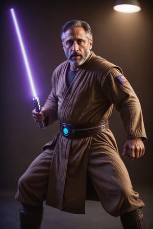 Cinematic photography. man, Jon Stewart is a bearded Jedi Master, and he is brandishing his purple lightsaber with a two-handed grip in an epic fighting stance. Full body shot, Dynamic body position. Cinematic film still from Gravity 2014, Shot by ARRIFLEX 35BL Camera, Canon K35 Prime Lenses, Soft glow illumination, Soft Lighting Photography, professional photography, backlit. amazing depth, surreal, intricately detailed, bokeh, perfect balanced, artistic photorealism , smooth, great masterwork