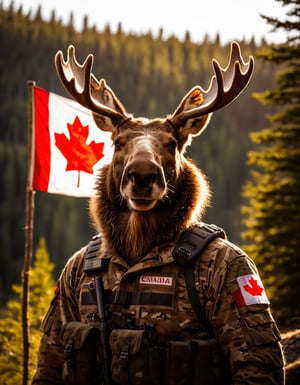 Movie Still of a moose bear spec-ops soldier, with the red and white Canadian flag on stitched onto his uniform above "Canada". Hyperdetailed photography. The lighting is cinematic and gorgeous and soft and sun-kissed, with golden backlight and dreamy bokeh and lens flares. The color grade is cinematic and magical. very detailed, high resolution photography, soft illumination, sunrise backlighting, professional color grading, muted skin colors, perfectly clear, sharp focus on subject, detailed skin, imperfect skin texture, skin pores.

Realistic photograph captured with a Canon EOS R6 Mark II and a 35mm f/2.8 lens,  beautiful eyes, detailed eyes, highly-detailed eyes, expressive eyes,soft tones, intricate details, vibrant night shot, dark HDR skyline, impeccable backlighting, vivacious, depth and emotion, captivating and enigmatic, magical atmosphere, artistic and elegant, very detailed, high resolution digital photography, soft illumination, backlighting, professional color grading, muted skin colors, perfectly clear, sharp focus on subject, detailed skin, imperfect skin texture, skin pores, perfect teeth,midjourneyv6.1