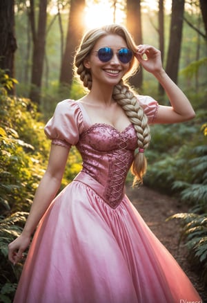 score_9_up, score_8_up, score_7_up, cinematic photo, dramatic lighting, dynamic pose, Princess Rapunzel in a royal pink dress, aviators sunglasses, happy smile, thick braid, cyberpunk, yellow_sun, forest background,sunrise,More Reasonable Details, aesthetic erotic photography, vivacious, hubggirl
BREAK
professional color grading with DaVinci Resolve, 8k, by artgerm